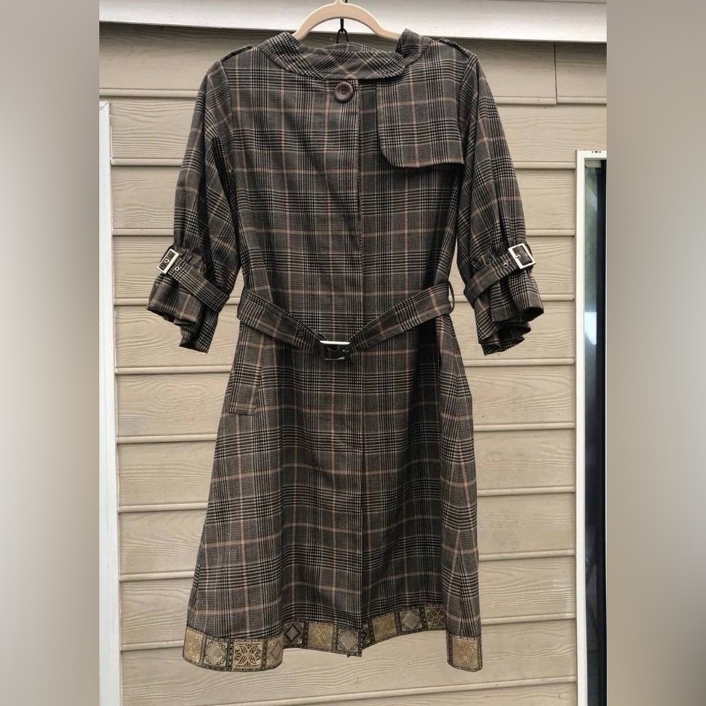Vintage Jill Stuart Brown Plaid Belted Midi Trench coat